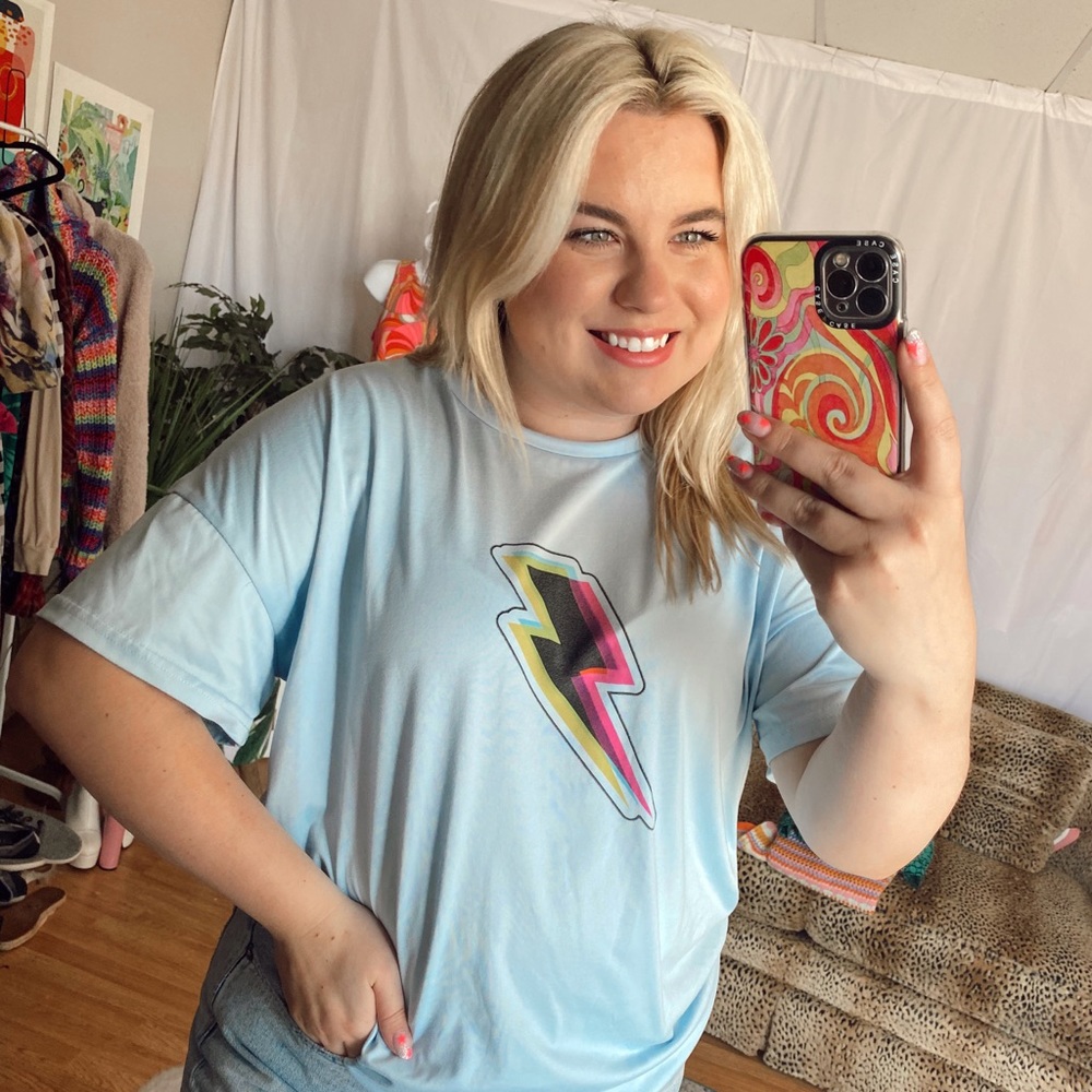 SHEIN Light Blue Short Sleeve Tee with Lightning Bolt Graphic
